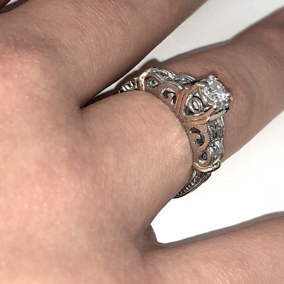 Solid 14K White Yellow Gold Natural Diamond Antique Engagement Ring - Picture 15 of 17